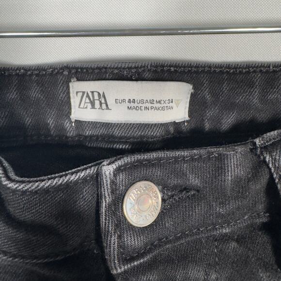 Zara Logo Straight Leg Distressed Hem Black Denim Jeans Women's Size 12 - Picture 5 of 5